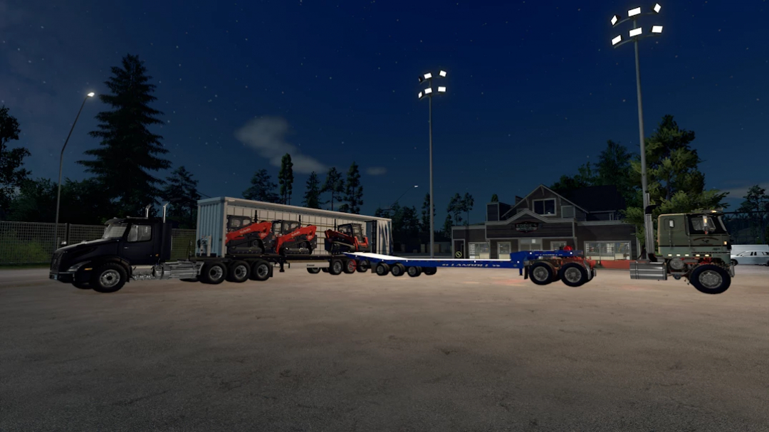 FS25 mod Landoll Travel Tail Trailer v1.0.0.0 showcasing two trucks at night in Farming Simulator 25.