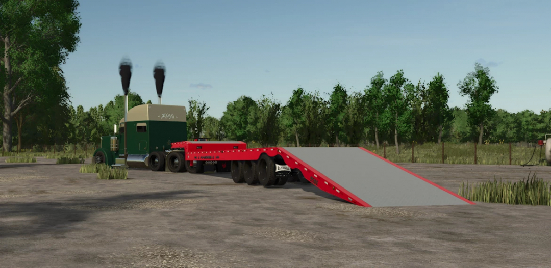 Landoll Travel Tail Trailer mod in FS25 features a red trailer with ramp, truck attached, set in a rural landscape.