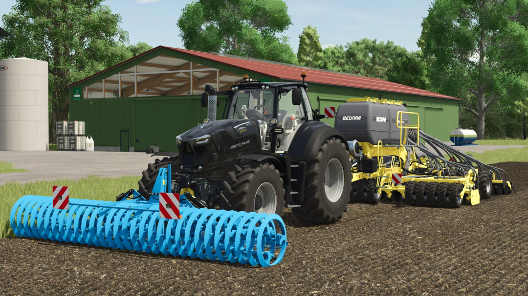 FS25 Lemken VarioPack 110 mod: tractor with blue roller in farm setting