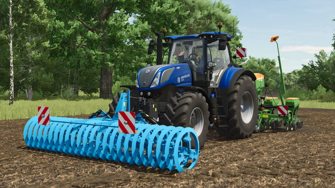 Lemken VarioPack 110 mod for Farming Simulator 25, featuring a blue roller attached to a tractor in a lush green field.