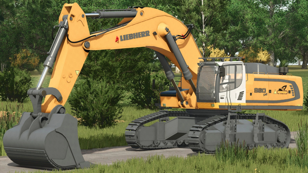 Liebherr 980 SME Excavator mod in FS25, displayed on grassy terrain.