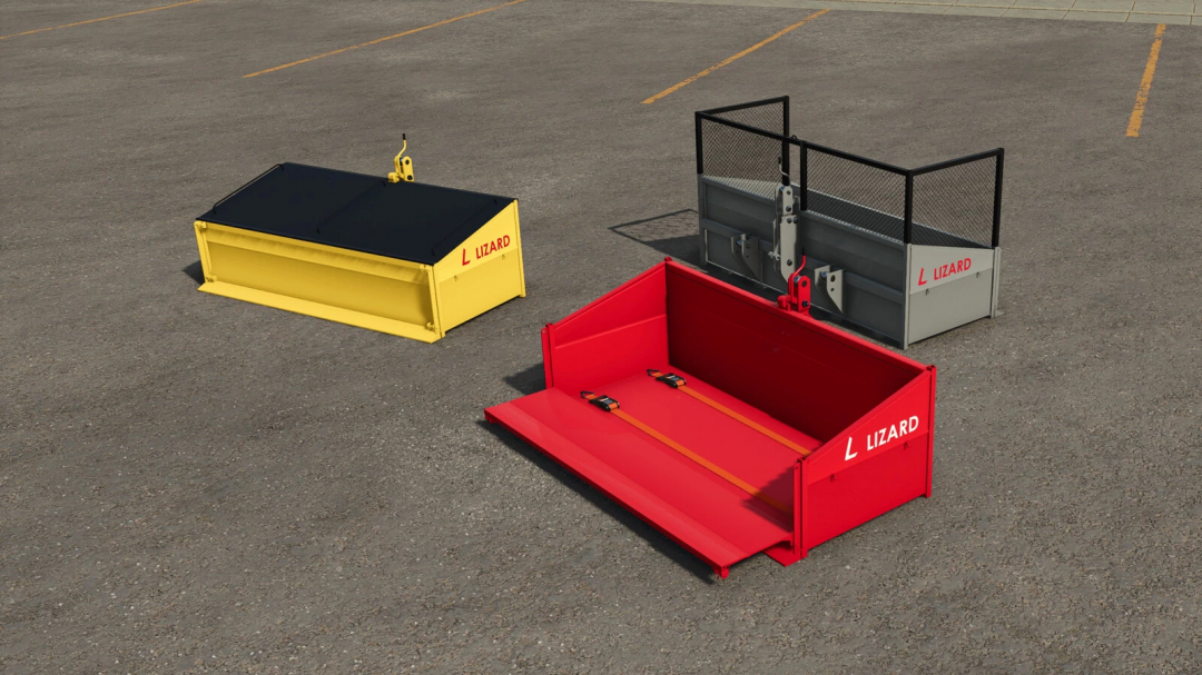 Lizard Box v1.0.0.0 mod for FS25 showing three different box attachments in yellow, red, and gray.