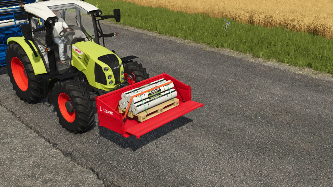 FS25 mod Lizard Box v1.0.0.0 attached to a tractor, transporting rolls of material on a field.