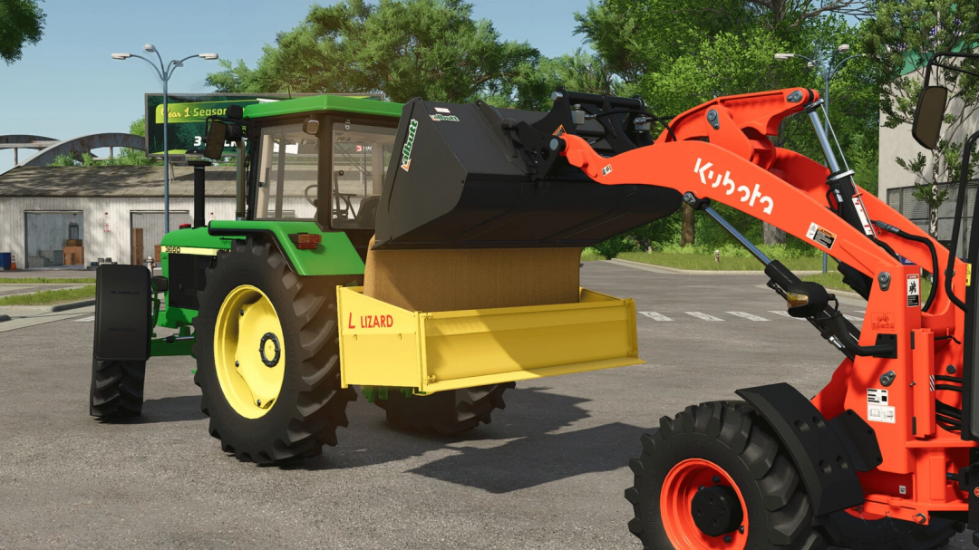 Farming Simulator 25 mod: Lizard Box v1.0.0.0 with tractor and loader lifting materials.