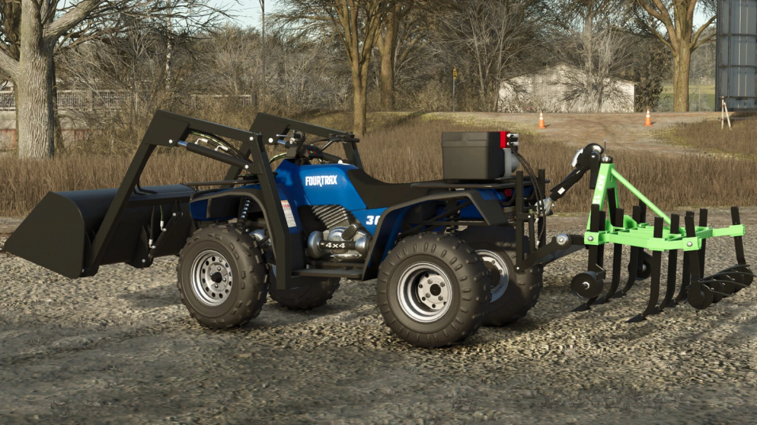 FS25 Lizard Fourtrax 300 mod showcasing a blue ATV with attachments in a rural setting.