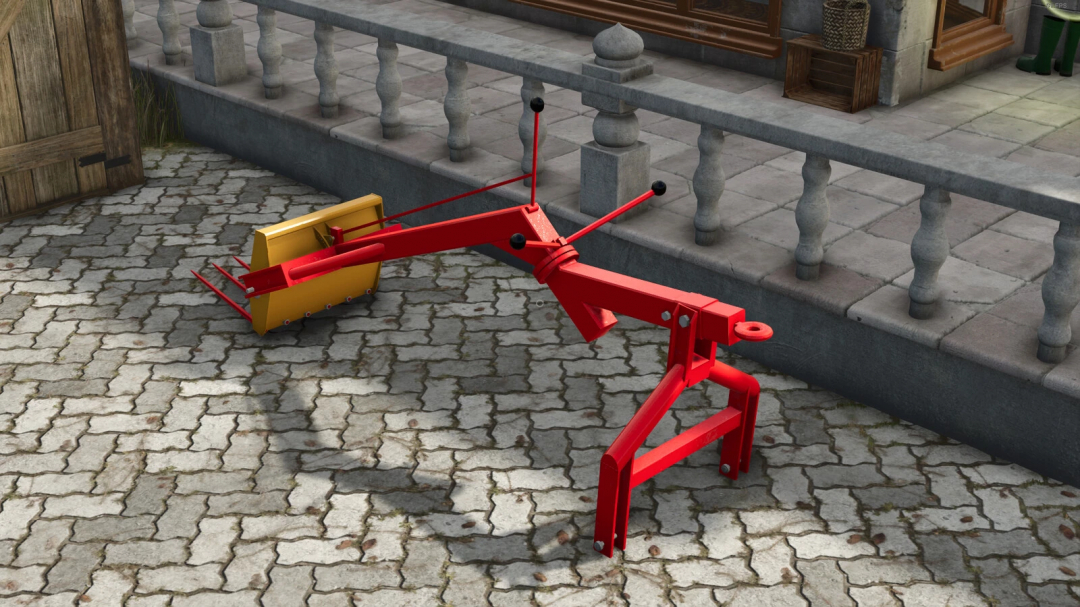 Lizard Panonija 525 mod for FS25, a red agricultural attachment on a cobblestone path in Farming Simulator 25.