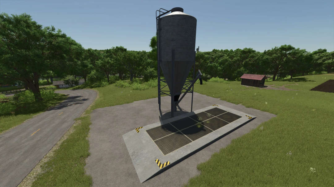 FS25 mods Lizard Silos v1.0.0.0 showing a large metal silo on a farm with greenery and a road.