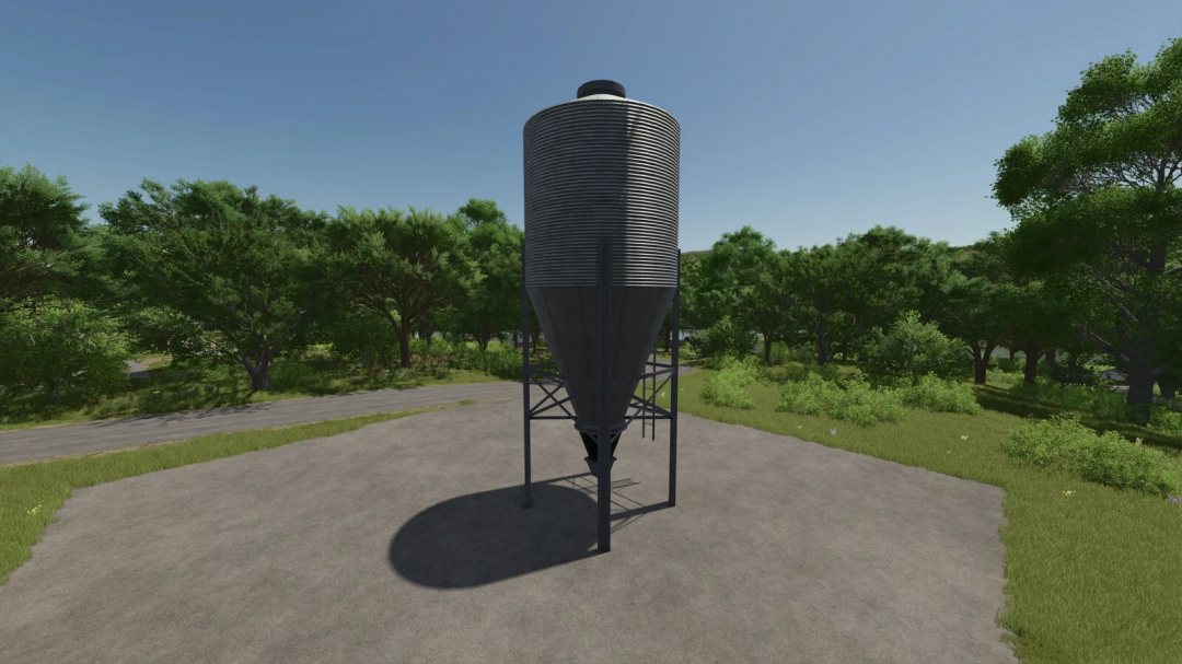 Lizard Silos mod in FS25, featuring a tall metal silo against a backdrop of lush greenery.