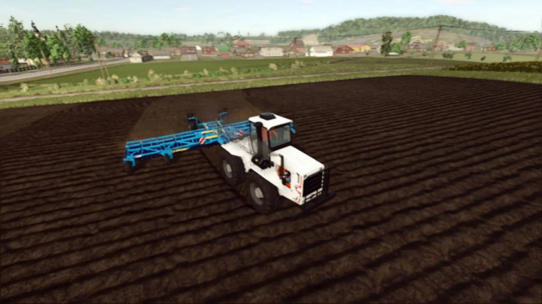 Lizard TM Series v1.0.0.0 mod in FS25, featuring a white tractor cultivating a field with a blue plow. Farming Simulator 25 mods scene.