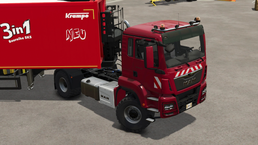 Red MAN TGS 18 truck mod in FS25 with trailer, featuring 'Krampe 3in1' branding.