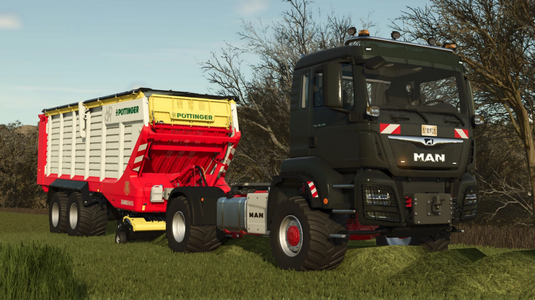 MAN TGS 18 Series truck with Pöttinger trailer in FS25 mod, Farming Simulator 25.