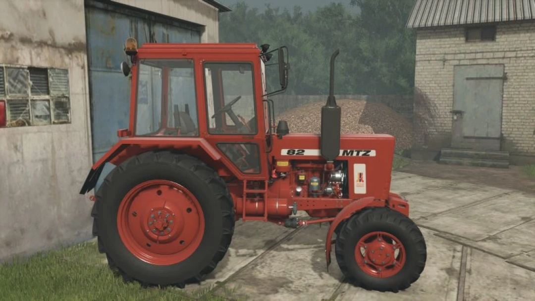 Red MTZ 82 BELARUS tractor mod in Farming Simulator 25 displayed near a barn.