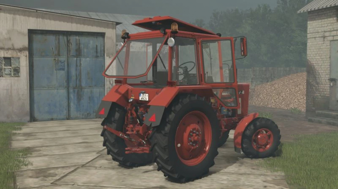 MTZ 82 BELARUS tractor mod in Farming Simulator 25, showcasing a detailed red tractor with a cabin in a farm setting.