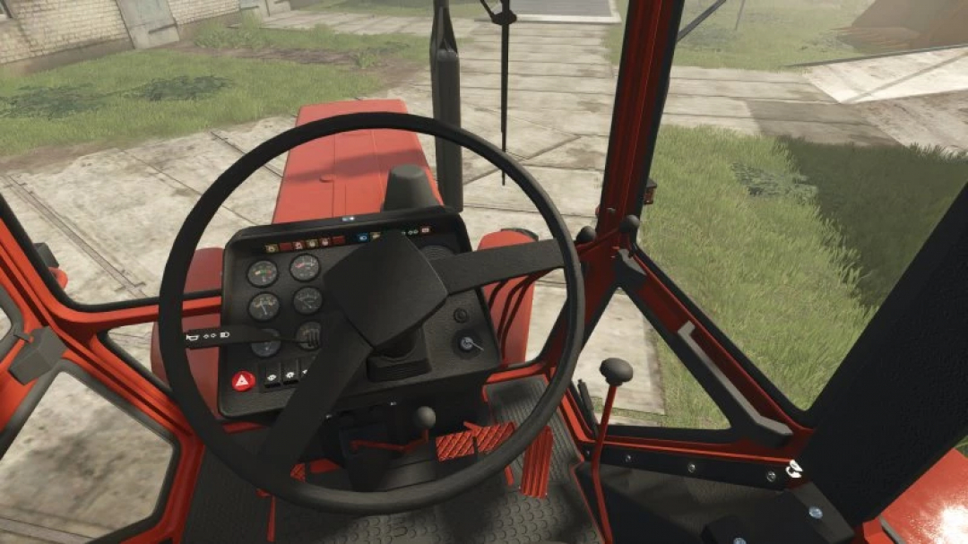 Interior view of MTZ 82 BELARUS tractor mod in FS25, showcasing the dashboard and steering wheel. Farming Simulator 25 mods.