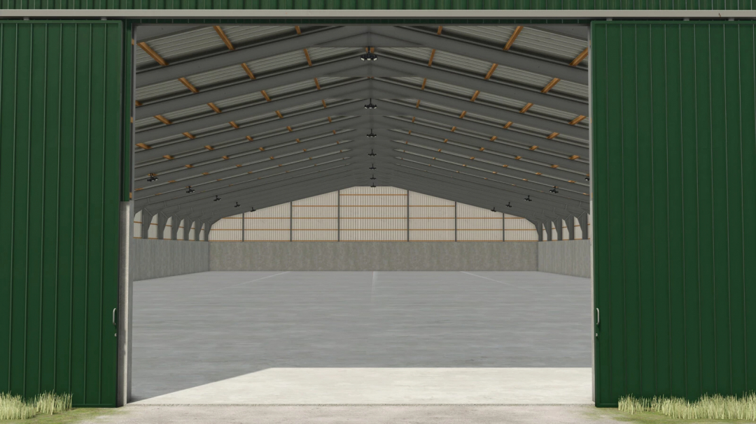 FS25 mod MachineHall v1.0.0.0 showing an empty green metal warehouse.