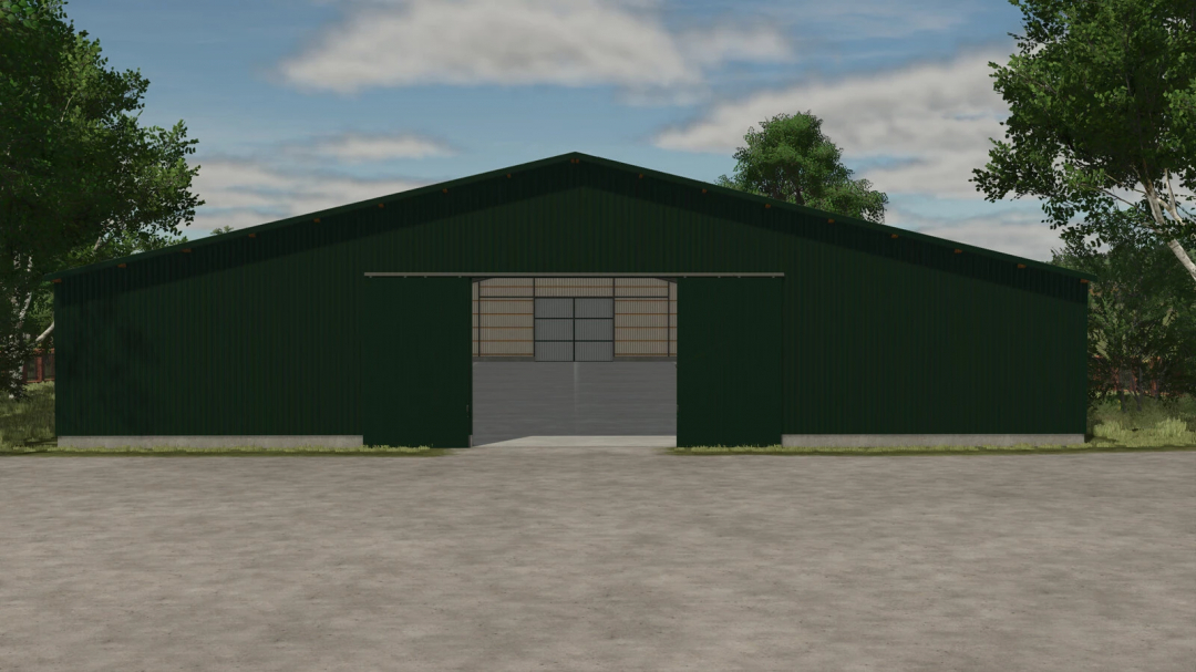 Front view of a green barn in FS25 MachineHall mod, used for farm storage.