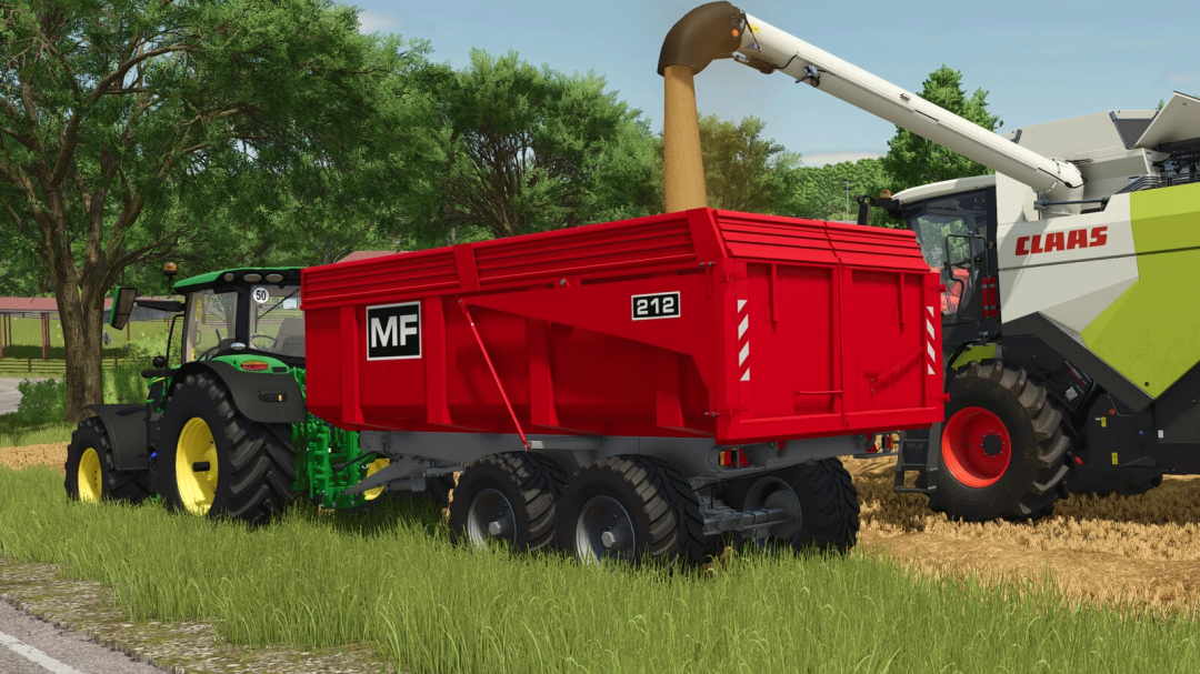 FS25 mod image of Massey Ferguson trailer being loaded with grain by a Claas harvester.