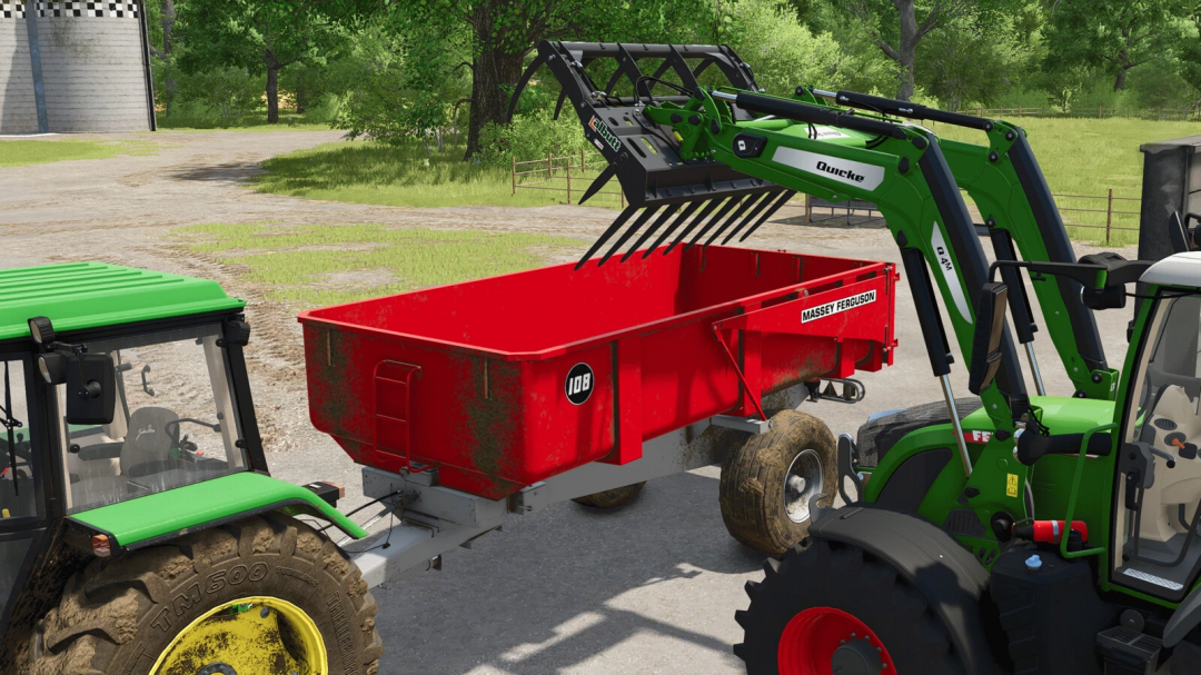 Massey Ferguson trailer attached to a tractor, featured in the FS25 mods. Perfect for Farming Simulator 25 gameplay.