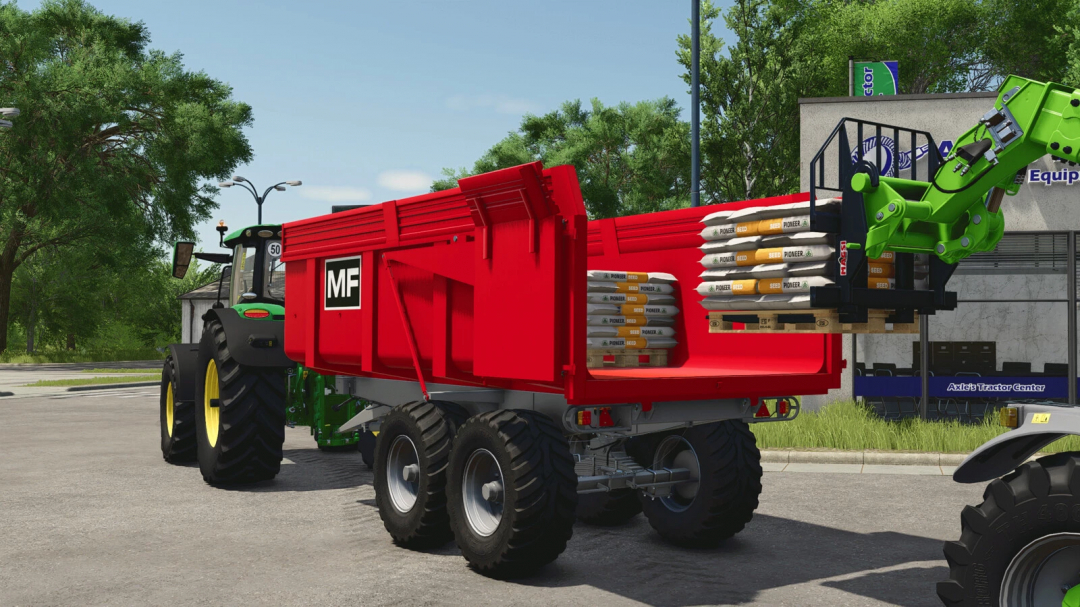 FS25 mod - Massey Ferguson Trailer Pack v1.0.0.0 featuring a red trailer loaded with seed bags attached to a tractor.