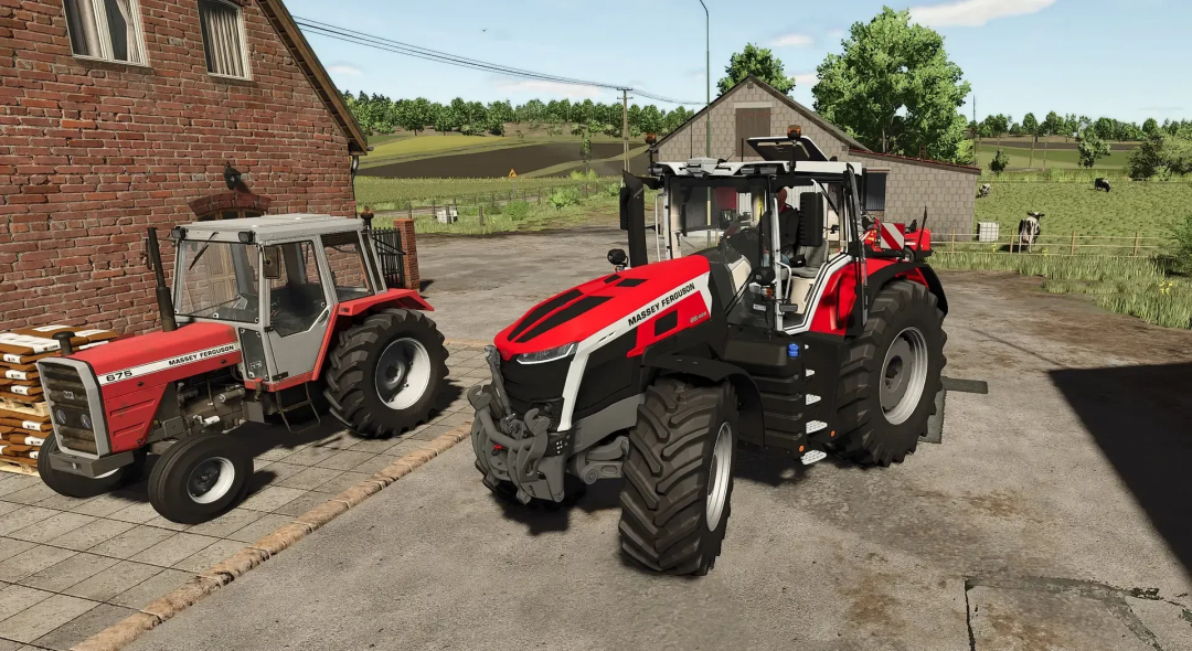 Two Massey Ferguson tractors in a farm setting, showcasing FS25 mod Massey Fergusson Series 9 v1.0.0.1.