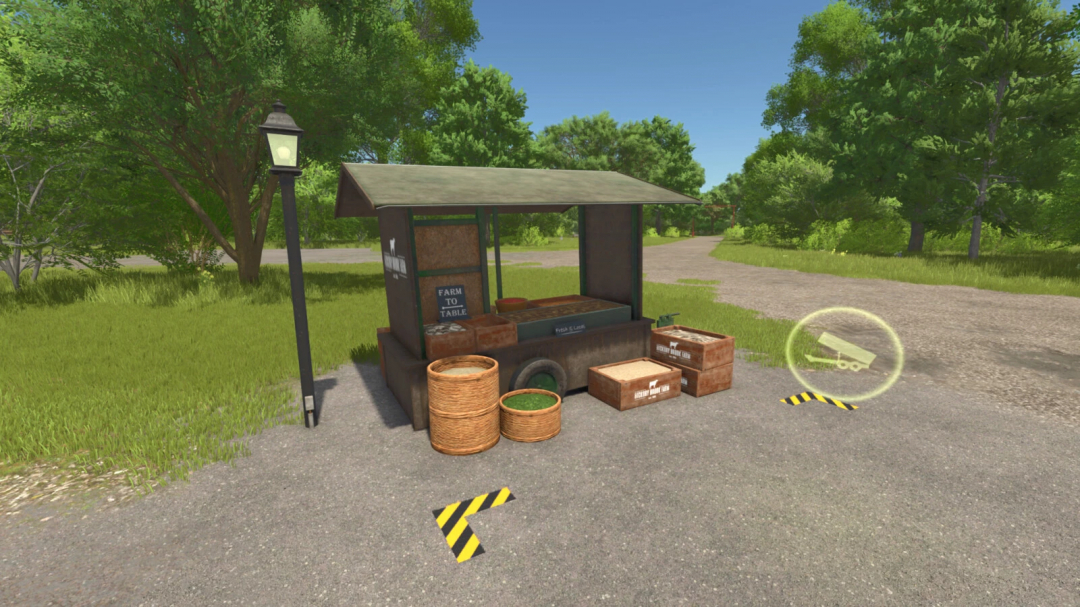 FS25 mod Multi Dairy Production v1.0.0.0 image showing a farm stall with baskets and crates under a canopy surrounded by trees.