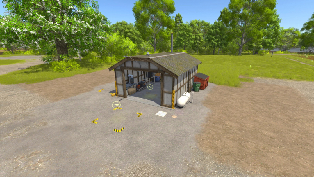 Multi Dairy Production mod for FS25 shows a small processing building in a rural setting.