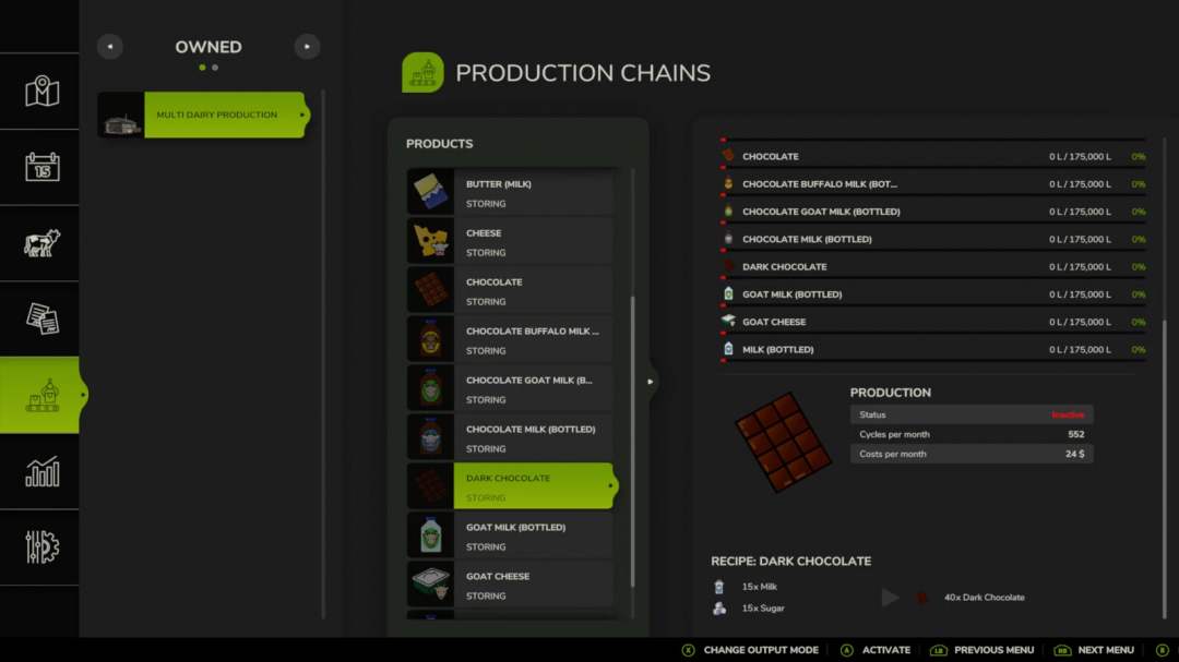 Screenshot of Multi Dairy Production mod in FS25 showing chocolate and dairy products production options.