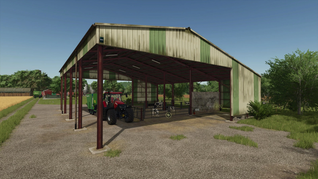 Multifunctional shed in FS25 mod with tractor and cows, enhancing Farming Simulator 25 gameplay.