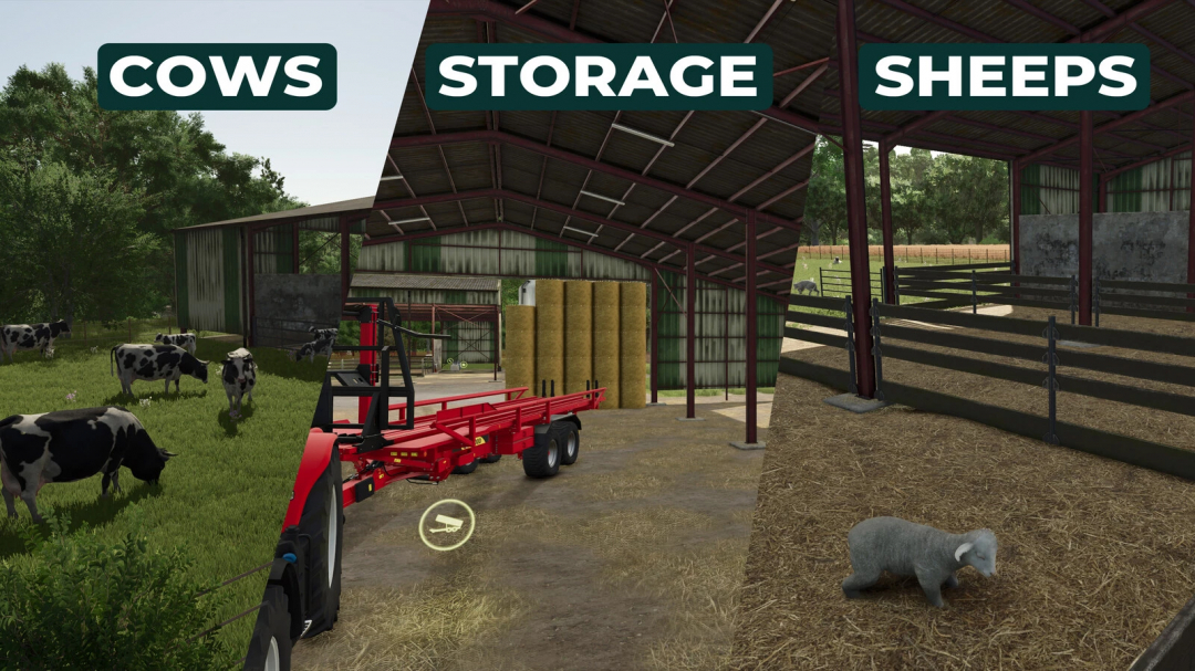 Image of multifunctional sheds in FS25 mod with cows, storage, and sheep areas in a farm setting.