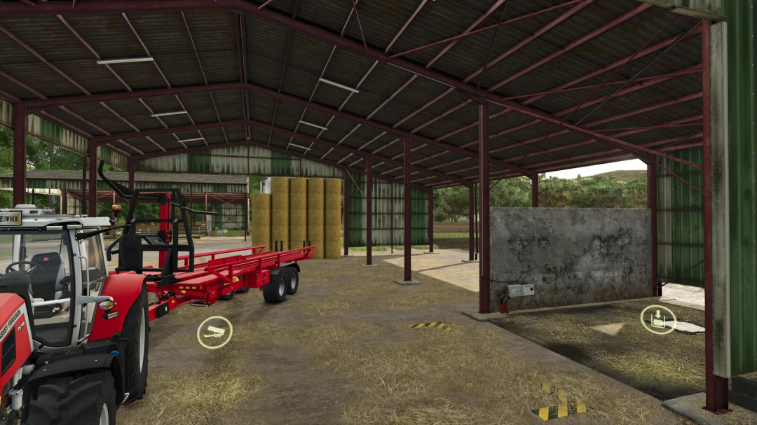 View of multifunctional sheds in FS25 mod featuring a tractor and stacked hay bales.