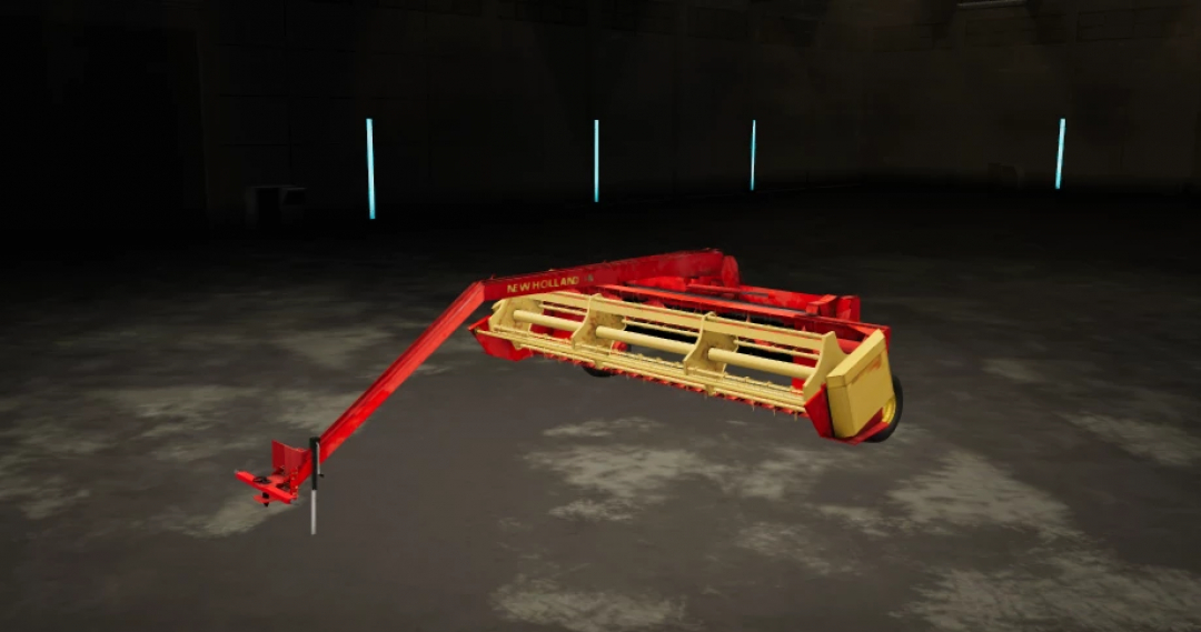 New Holland 116 Haybine mod for FS25 displayed in a warehouse.