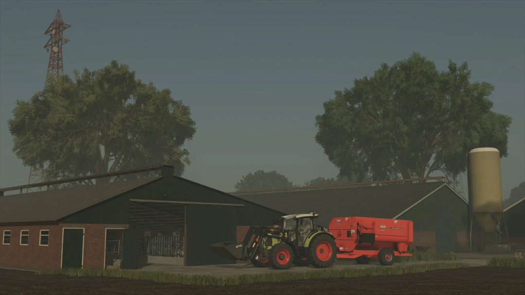 FS25 mod Old Cowshed v1.0.0.0 with a tractor and equipment near a barn.