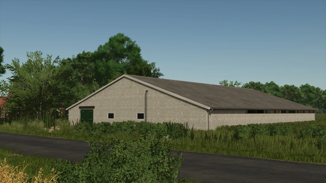 Old Cowshed mod for Farming Simulator 25, featuring a rustic barn surrounded by greenery.