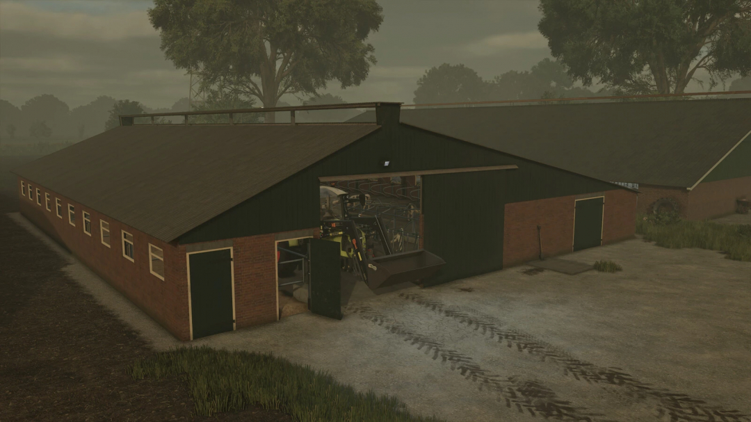 Old Cowshed mod in FS25, featuring a rustic barn with farm equipment inside.