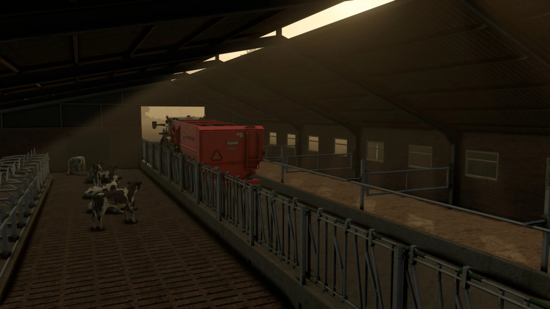 Interior of Old Cowshed mod in FS25, featuring cows and feeding equipment.