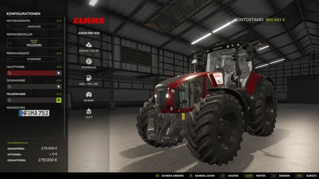 FS25 mod image showing a red Claas Axion 960-920 tractor in a garage from Oli5464 Mod Pack V1.0.0.8.