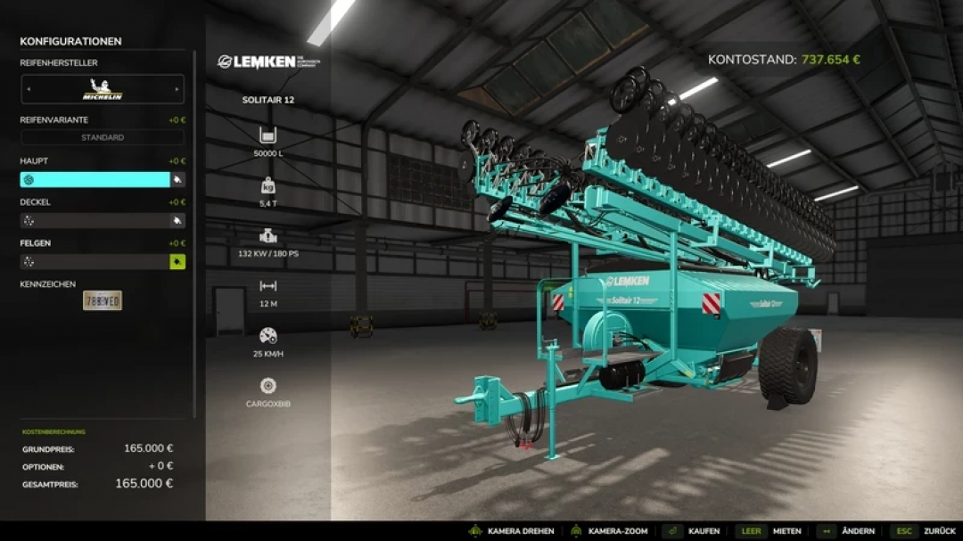 FS25 mods - Screenshot of the Oli5464 Mod Pack V1.0.0.8 featuring a Lemken Solitair 12 seeder in a virtual garage.