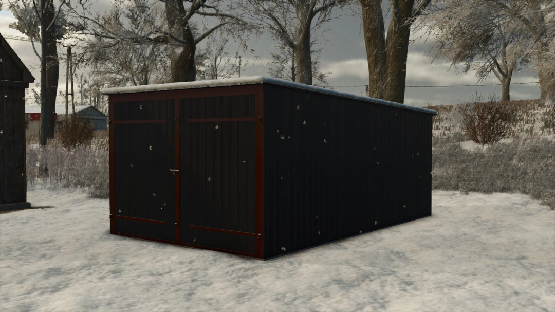 FS25 mod showing a tin car garage with snow, part of Pack Of Tin Car Garages.