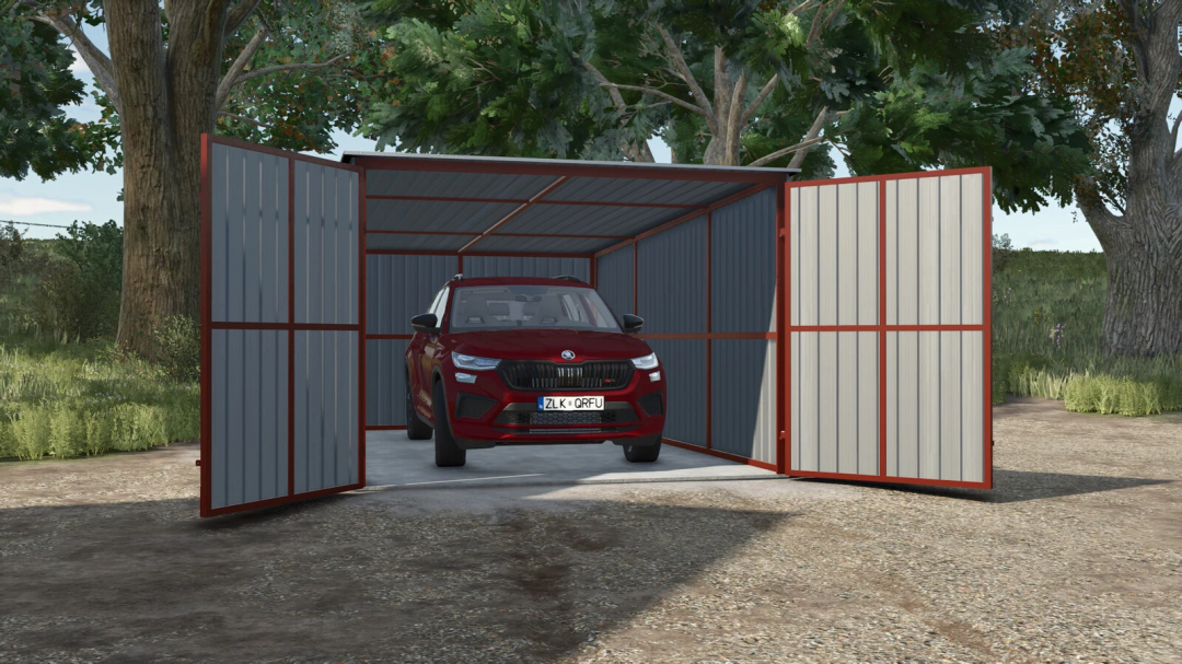 Tin car garage with open doors and a red SUV inside, featured in Farming Simulator 25 mods.