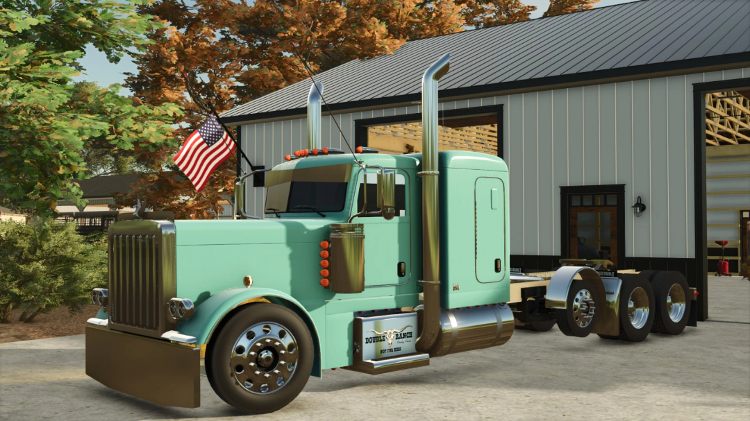 FS25 mods: Peterbilt 389 truck parked outside a barn in Farming Simulator 25.