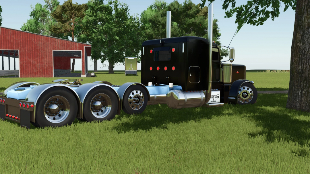 Peterbilt 389 truck mod for FS25 parked near barn and trees.