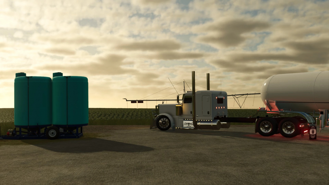 FS25 mod Peterbilt 389 truck parked next to storage tanks in a farm setting.