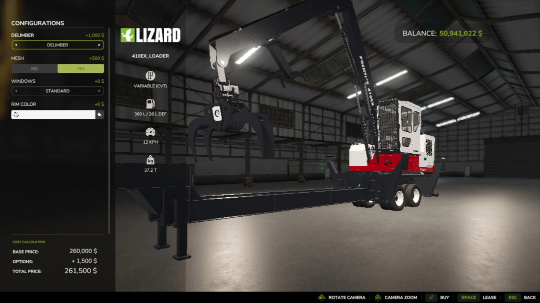 Prentice 410EX loader mod in Farming Simulator 25 garage, showcasing configurations and features.