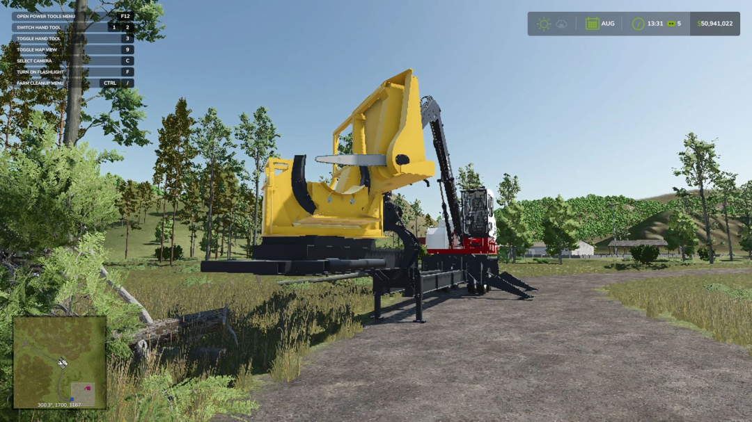 Prentice 410EX mod in FS25, showcasing a yellow forestry machine in a rural setting.