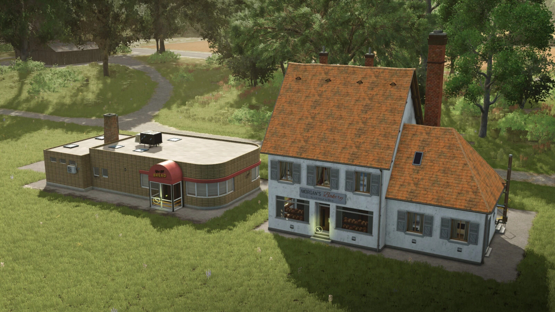 FS25 mods: Production Points Pack v1.0.0.0, featuring a bakery and a bread store in a rural setting.