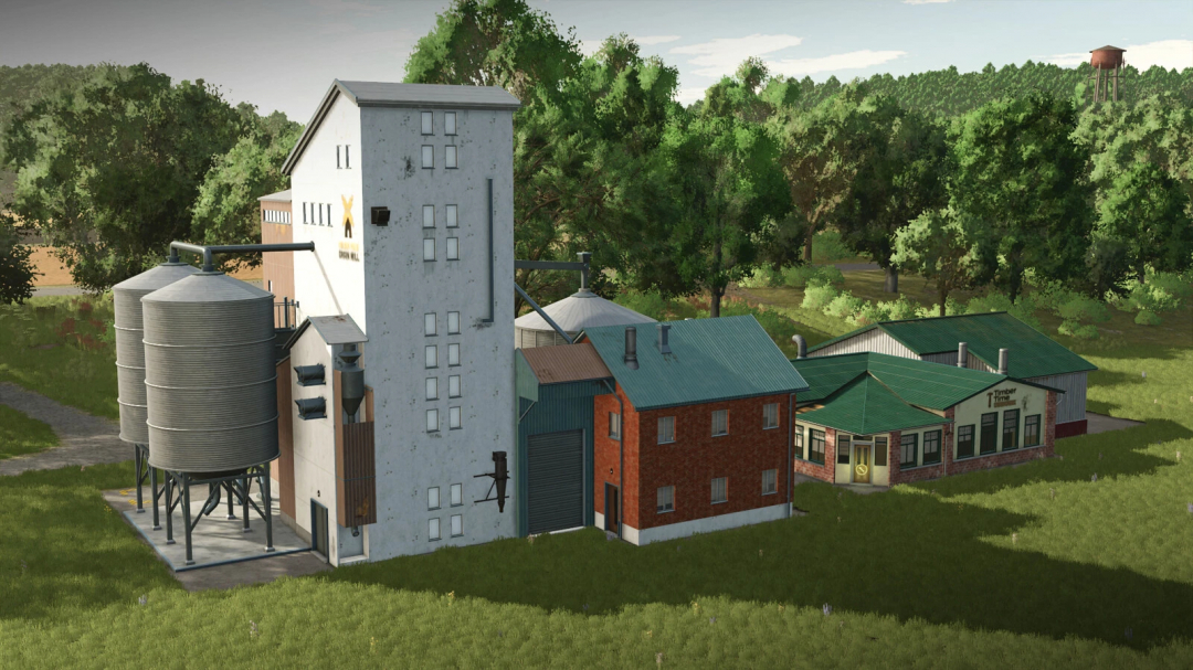 Farming Simulator 25 Production Points Pack mod showing grain mill and production buildings.