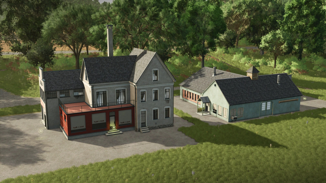 FS25 Production Points Pack v1.0.0.0 shows a farm building complex surrounded by trees and grass.