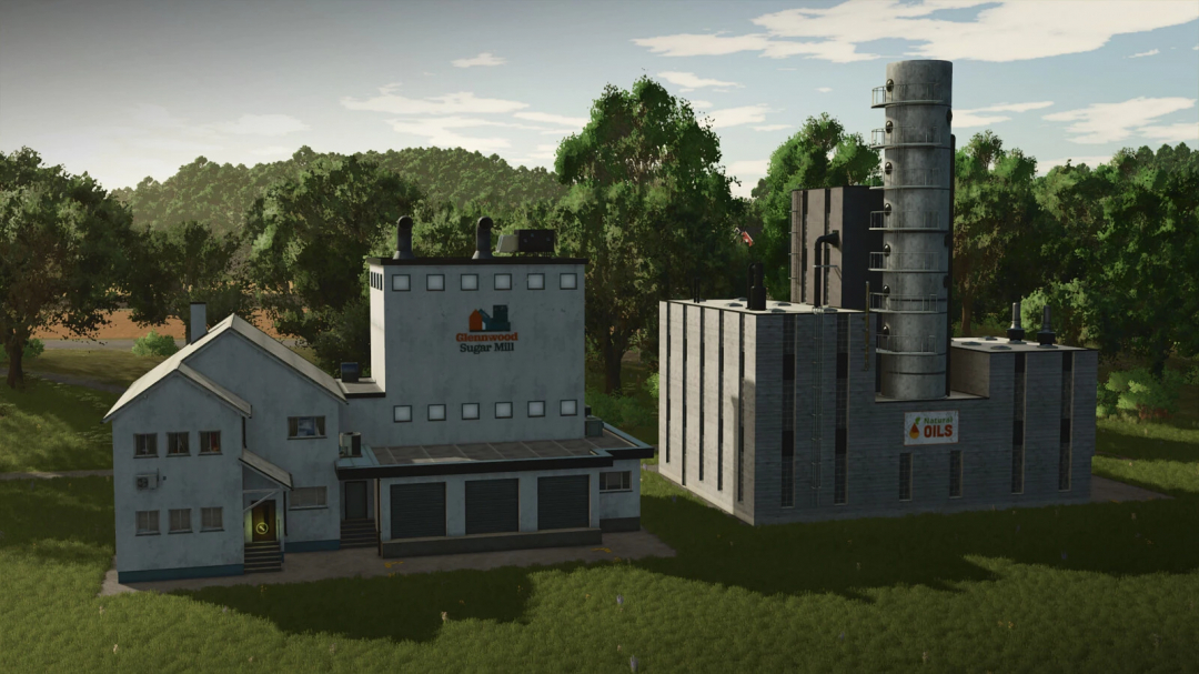 FS25 mods Production Points Pack v1.0.0.0 showing a sugar mill and oil factory against a forest backdrop.