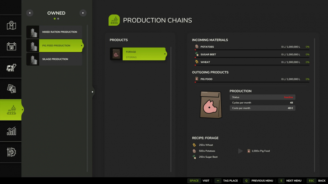 FS25 mods interface showing pig feed production details in Productions Pack v1.0.0.0.