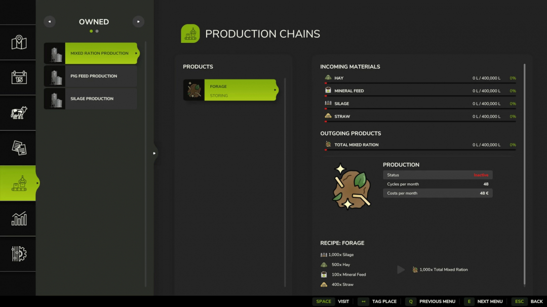 FS25 Productions Pack mod screen showing mixed ration production details in Farming Simulator 25.